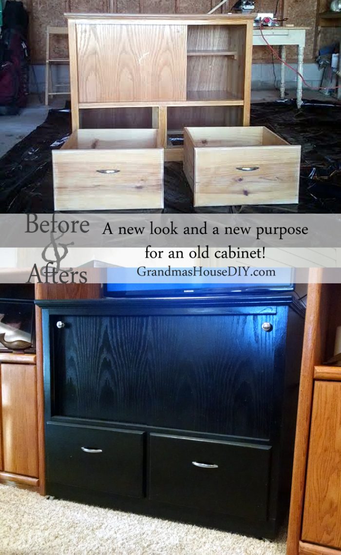 An old cabinet made by my grandparents becomes a beautiful, black entertainment center for my mom!