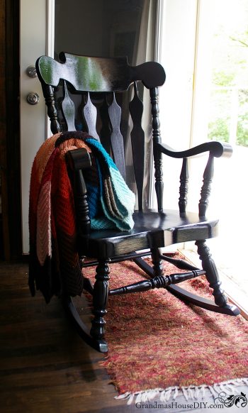 Dated rocking chair gets a before and after makeover with black painted rocking chair, before and afters, DIY.